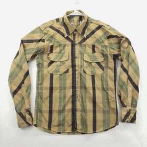 Thomas Scott Shirt Mens Medium Khaki Black Plaid Pockets Pearl Snap Embroidered
